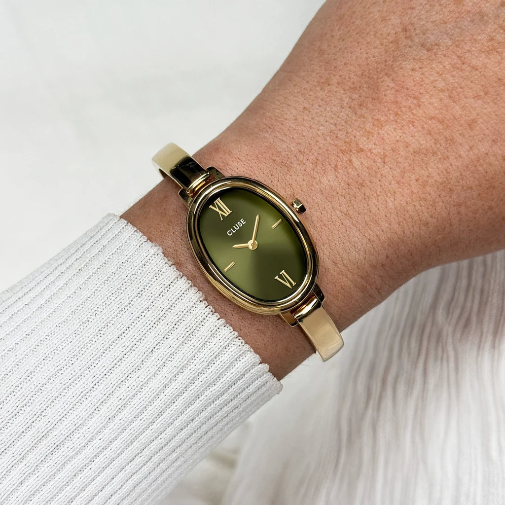 Cluse, montre L'Ovale en acier doré, cadran olive