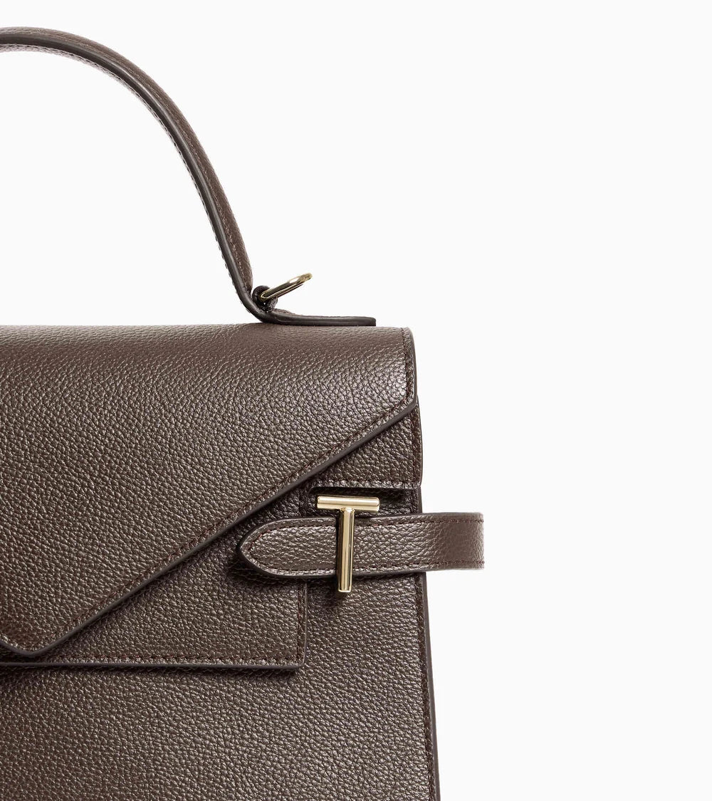 Sac à main double rabat, moyen modèle Emilie — cuir grainé, marron arabica, Le Tanneur