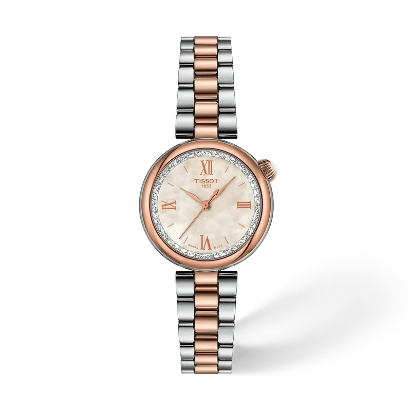 Tissot Desir 28mm — boîtier bombé, deux tons acier et or rose, cadran nacre